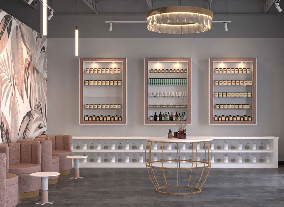Modern retail showroom interior with illuminated product shelving, blush seating, botanical mural, and contemporary pendant lighting