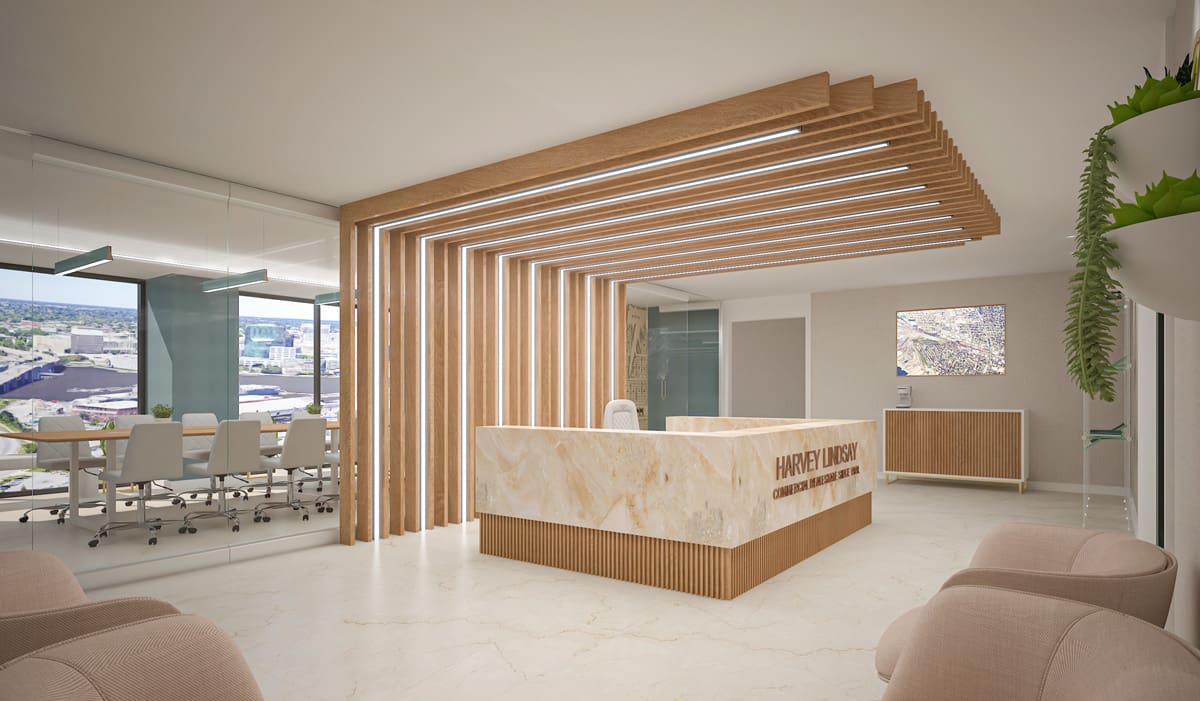 Renovated Harvey Lindsay office with glass meeting room and stylish reception area